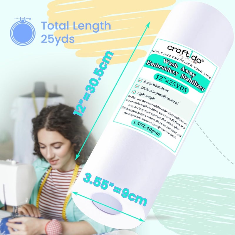 craftido م stabilizer تطريز قابل للغسل/قابل للذوبان في الماء 12" × 25 ياردة/لفة لمعظم الأطواق 1.5 أونصة خفيفة الوزن للتطريز الآلي والخياطة اليدوية - Image 2